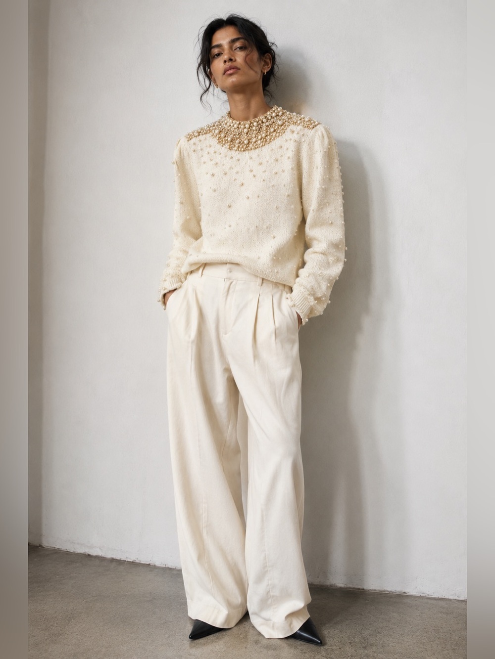 Miréne Beaded & Faux Pearl Cream Knit Sweater Size Large